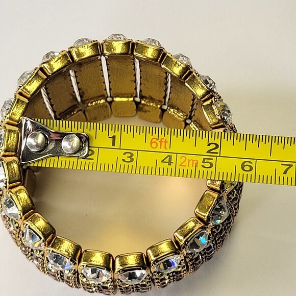 Shimmering Clear Rhinestone Sparkly Gold Tone Formal Thick Bracelet - Picture 8 of 13
